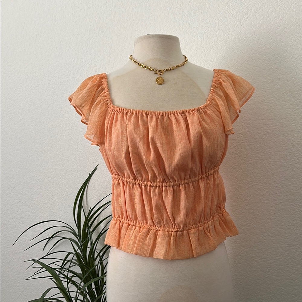 Express Orange Flutter Sleeve Blouse with Ruffled Peplum